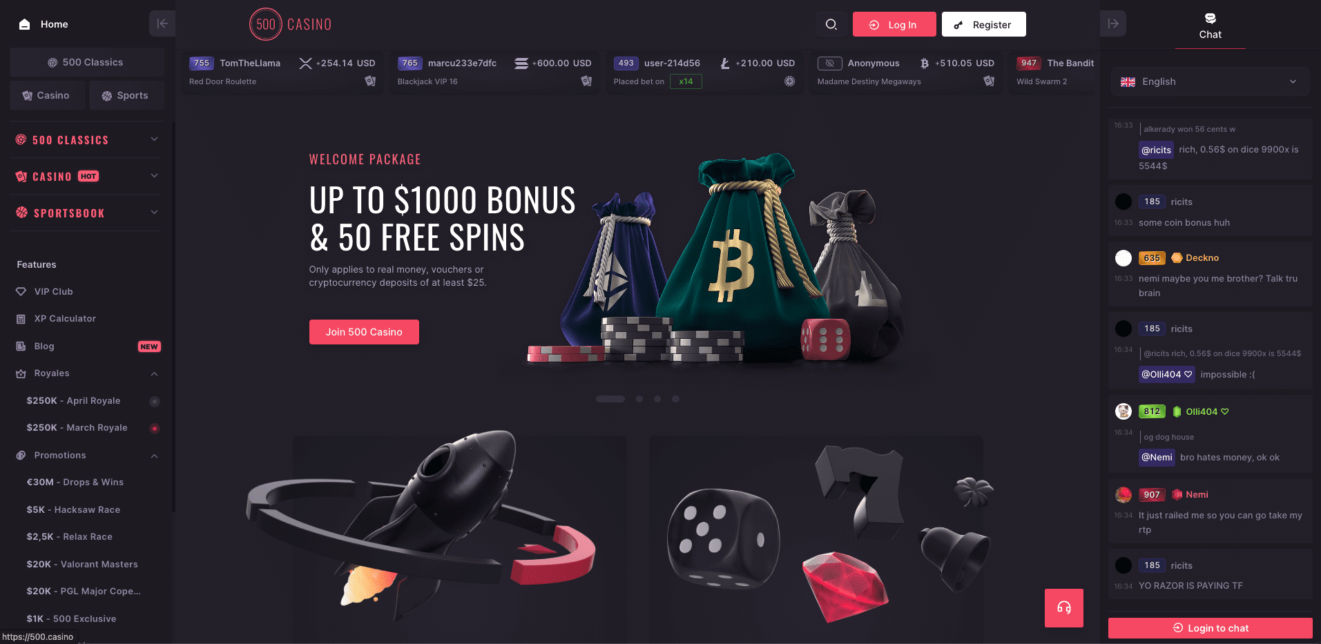 500 casino frontpage